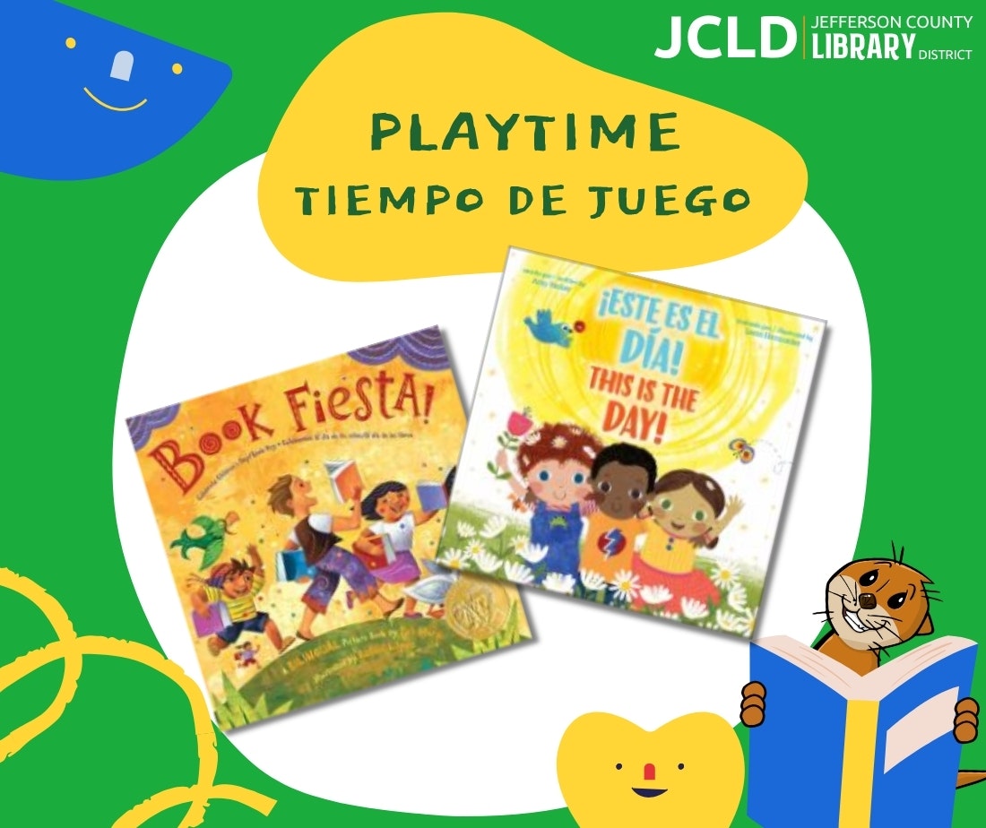 The image promotes "Playtime" at the Jefferson County Library, featuring two children's books: "Book Fiesta!" and "¡Este es el Día! This is the Day!"