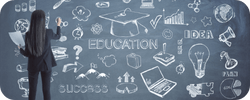 A person in business attire is looking at a chalkboard filled with doodles symbolizing ideas, education, and success.