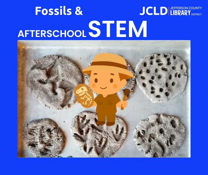The image promotes a STEM afterschool program featuring fossil exploration with sandy molds and a cartoon explorer.