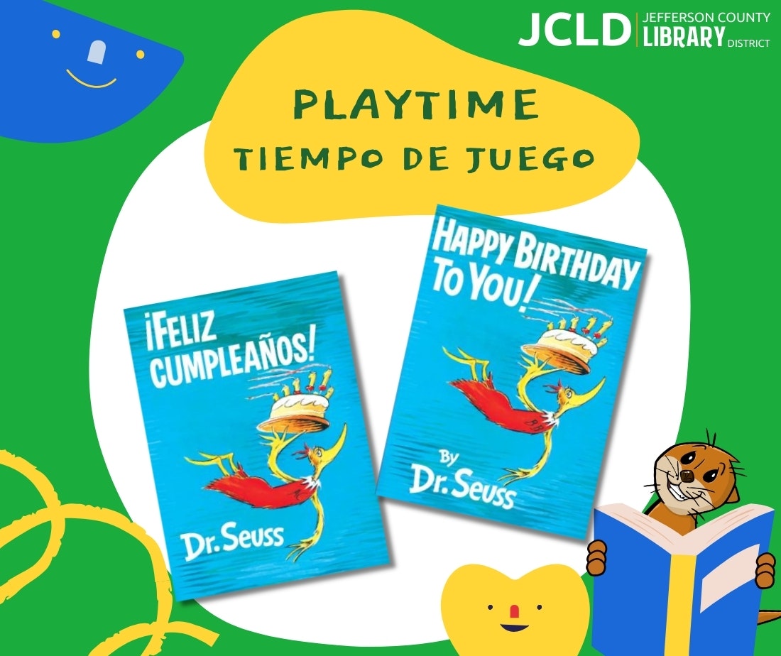 An image promoting Dr. Seuss books "Happy Birthday to You!" and "¡Feliz Cumpleaños!" with playful library-themed graphics.