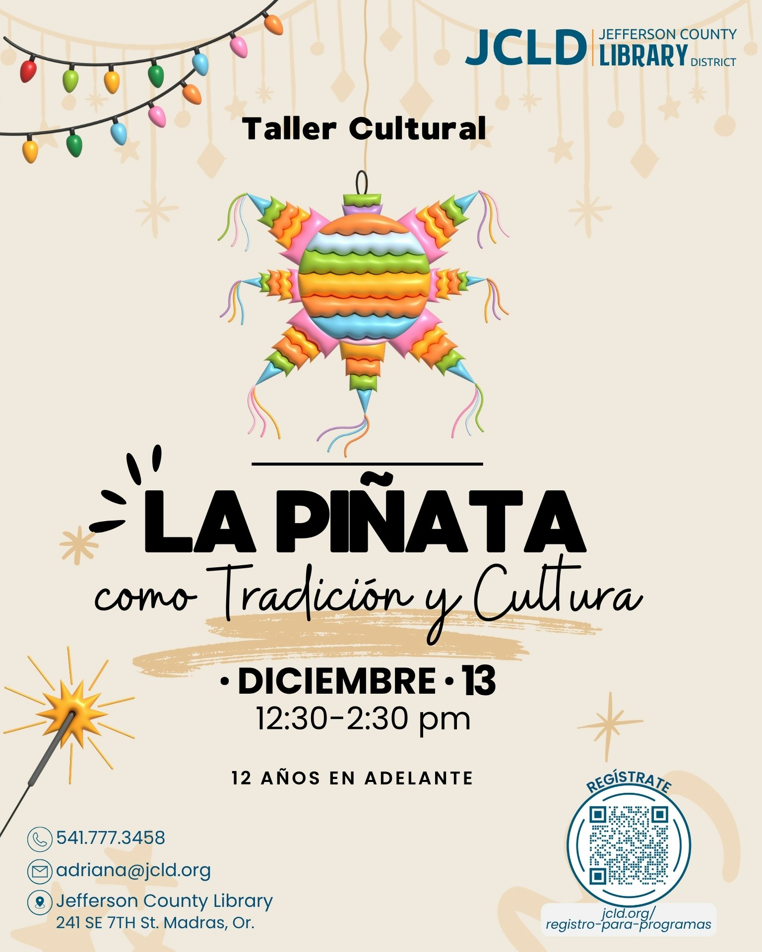 Cultural workshop on "The Piñata" at Jefferson County Library, Dec 13, 12:30-2:30 pm, for ages 12 and up.
