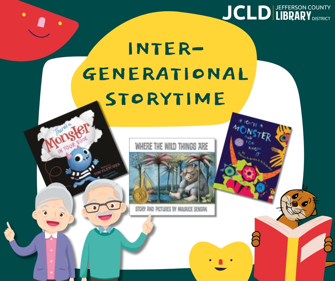 Intergenerational storytime event with books and illustrated characters, organized by Jefferson County Library District.