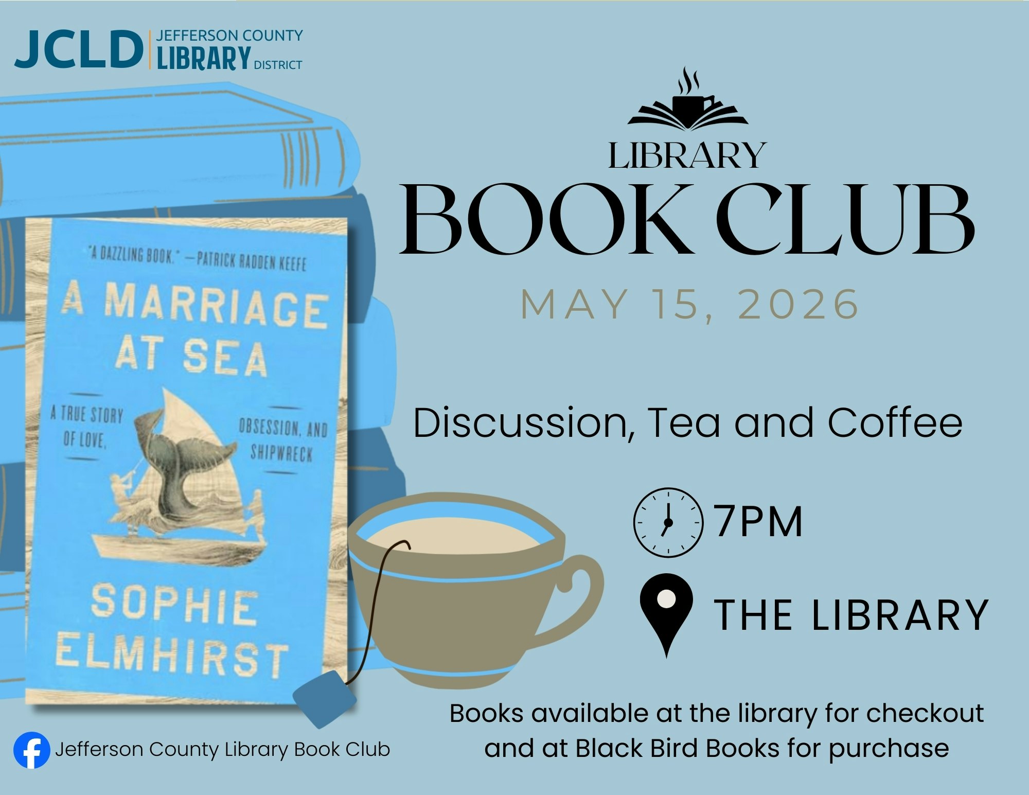 Library Book Club on May 15, 2026, featuring "A Marriage at Sea." Join for discussion, tea, and coffee at 7 PM.