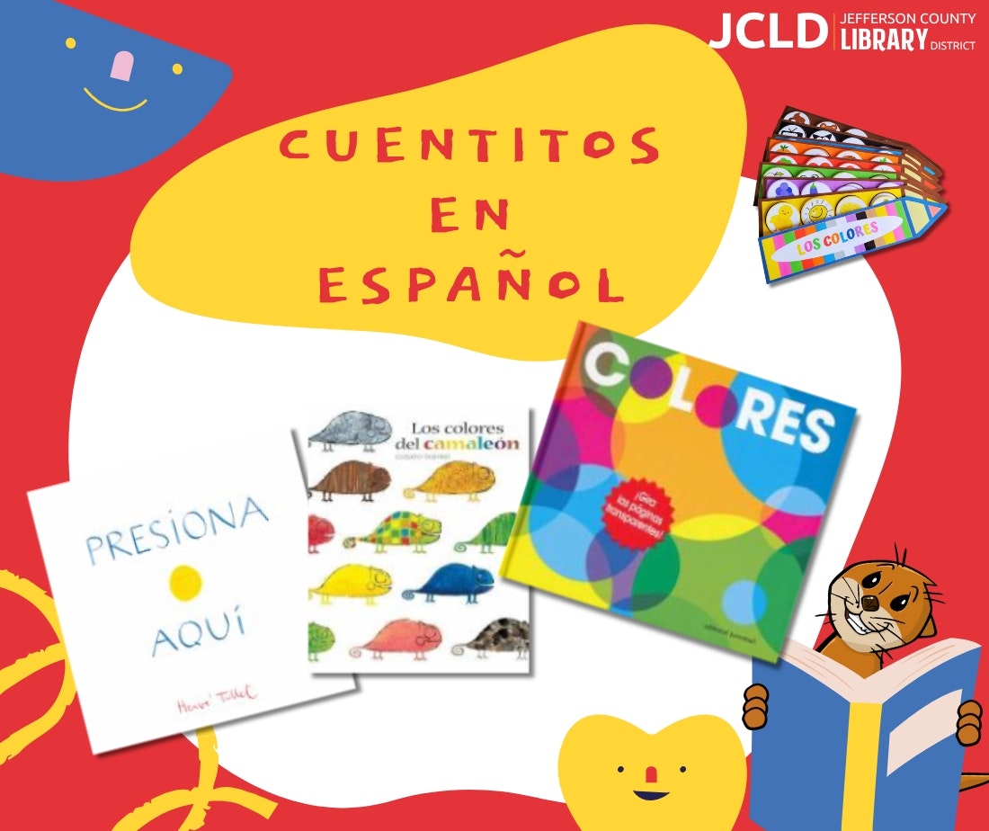 Children's Spanish books displayed with playful graphics and "Cuentitos en Español" text.