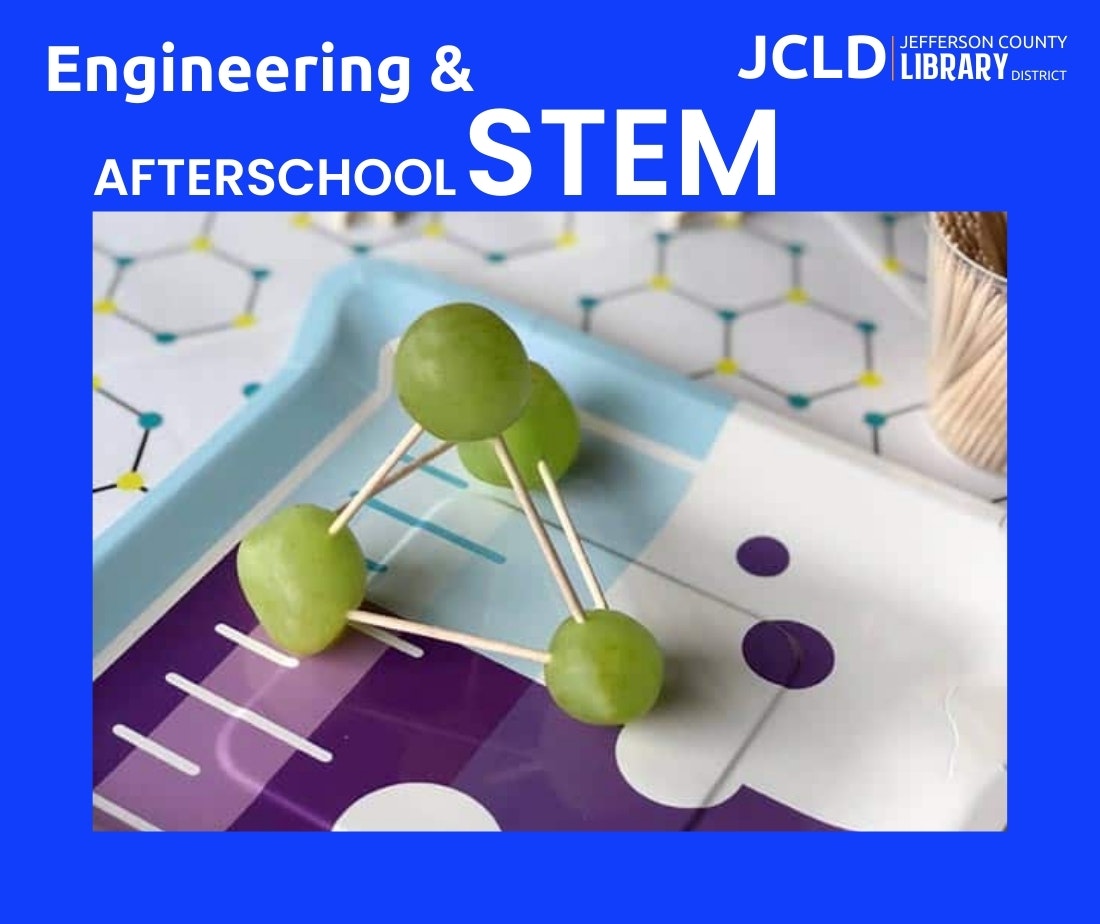 The image promotes an afterschool STEM program featuring a model made of grapes and toothpicks to demonstrate engineering concepts.