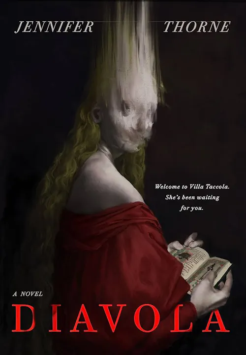 The image features the cover of "Diavola" by Jennifer Thorne, depicting a figure in a red dress with a warped head holding a book.