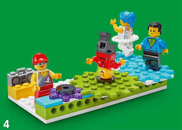A colorful LEGO scene featuring four figures, with one upside down, a boombox, and a fun, imaginative setting.