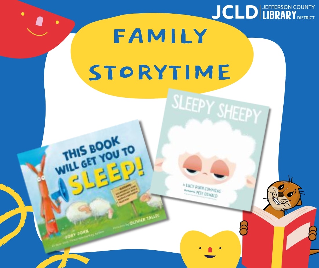 Family Storytime event poster with book covers "This Book Will Get You to Sleep!" and "Sleepy Sheepy," and library logo.