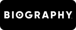 The image features the word "BIOGRAPHY" in bold, white letters on a black background.
