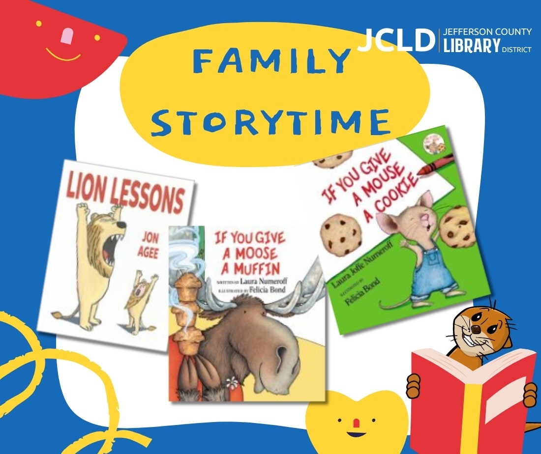 The image promotes "Family Storytime" at the Jefferson County Library, featuring popular children's books.