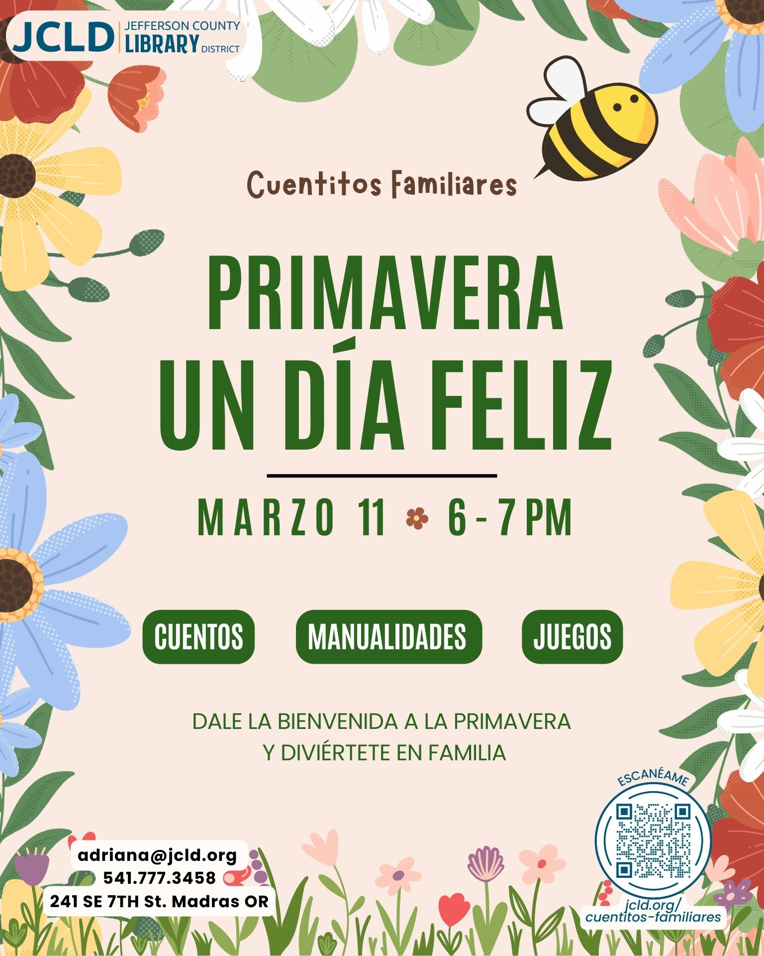 Event at Jefferson County Library: "Primavera - Un Día Feliz" on March 11, 6-7 PM. Family stories, crafts, and games.