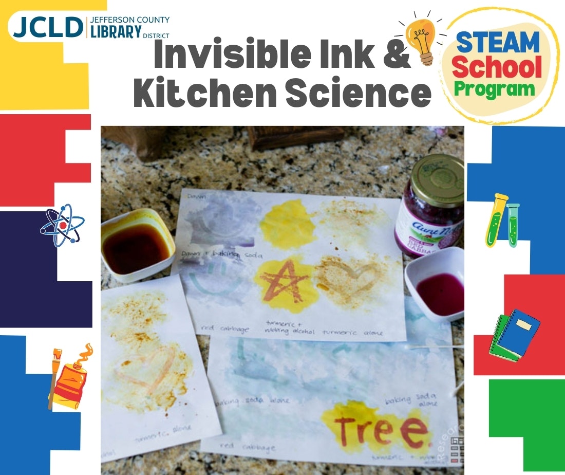 STEAM program flyer showing invisible ink experiments using kitchen science materials.