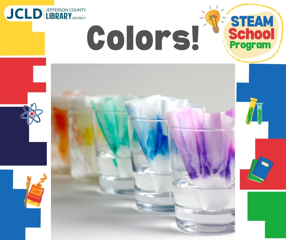 Five glasses with colorful dyed paper, surrounded by STEAM School Program graphics and JCLD logo.