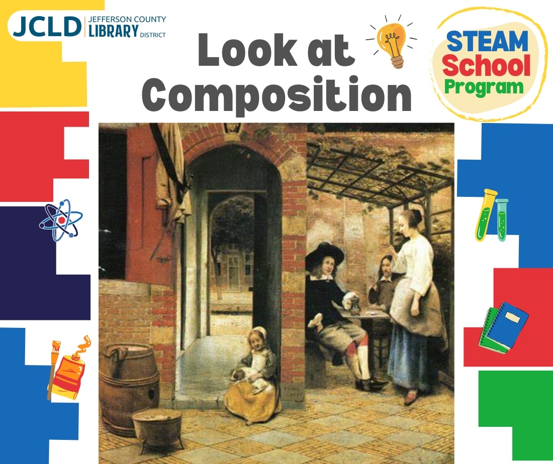 "Look at Composition" image with a classic painting, JCLD logo, and STEAM School Program branding, surrounded by colorful icons.