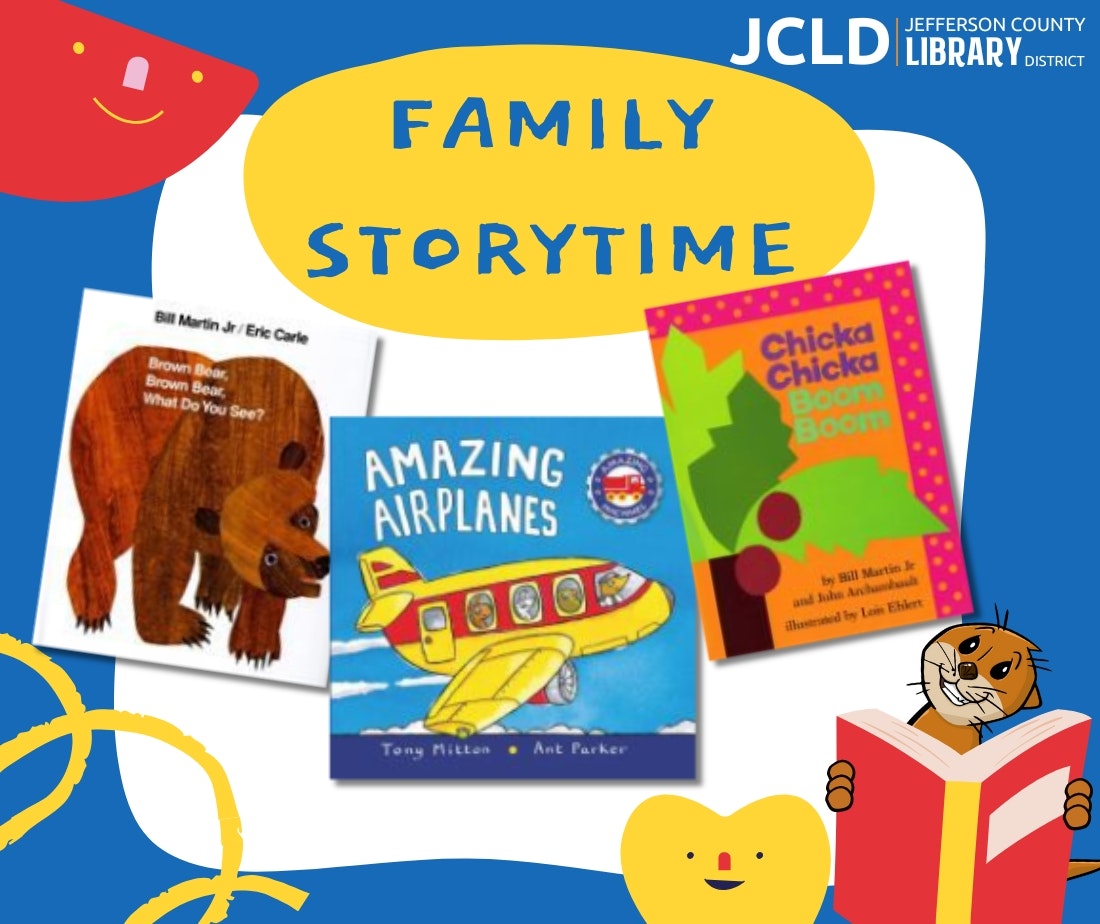 A colorful graphic promoting a "Family Storytime" at the Jefferson County Library, featuring three children's books.