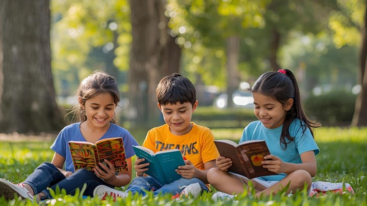 Three children sitting on grass outside, reading books and smiling.