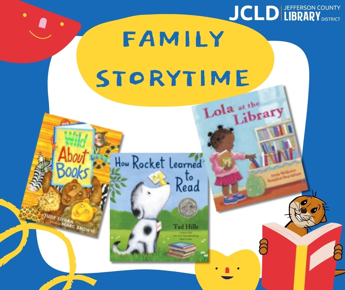 The image promotes a family storytime event at the Jefferson County Library, showcasing three children's books.