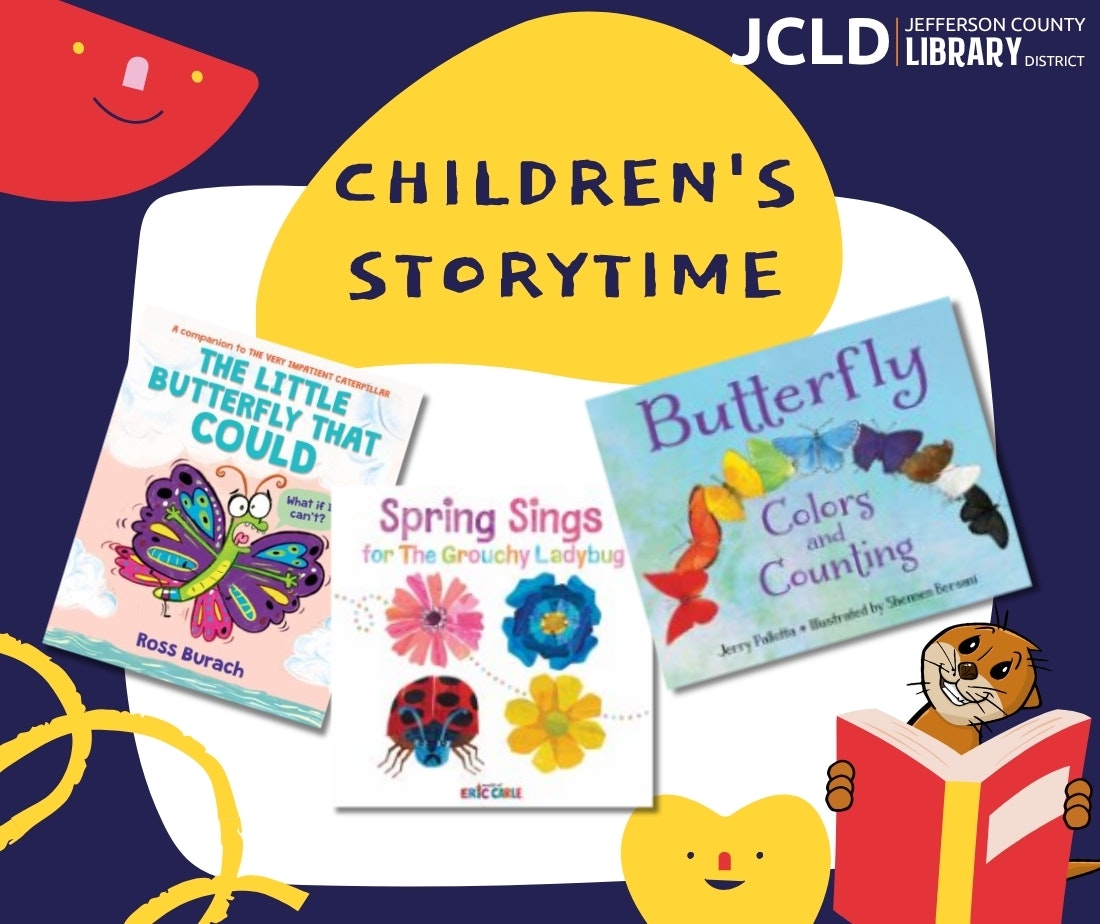 A colorful poster for children's storytime featuring three books about butterflies and a ladybug. Fun characters and vibrant design!