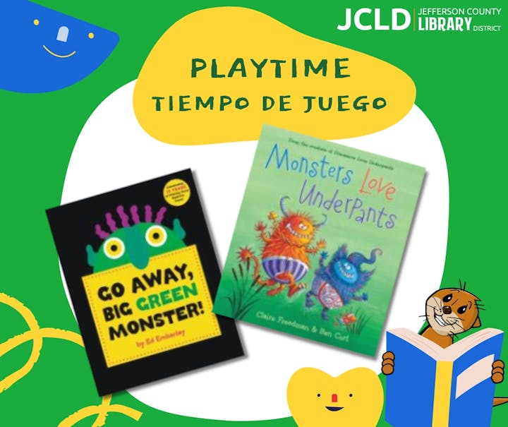 Two children's books about monsters, library event details, and colorful illustrations.