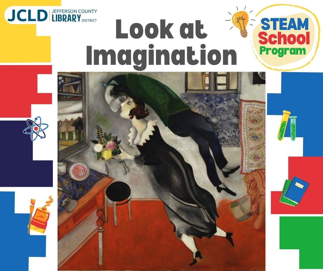 Library district flyer with a painting, "Look at Imagination," and STEAM School Program logos.