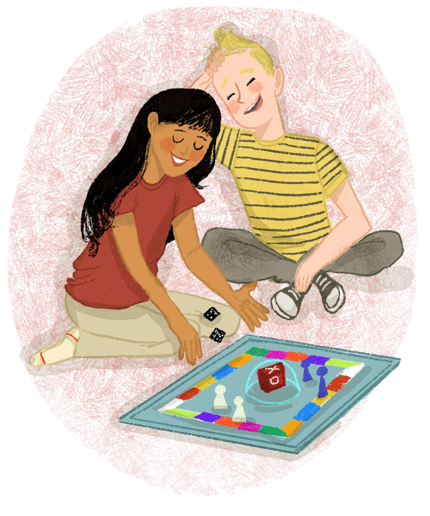 Two people happily playing a colorful board game with dice on the floor.