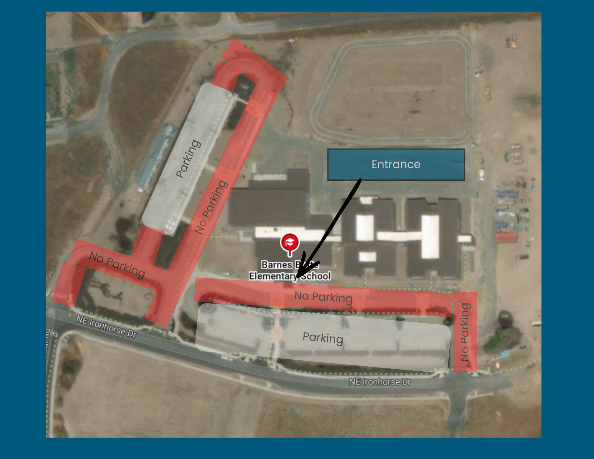 Map of Barnes Elementary School showing parking areas and no-parking zones, with an entrance indicated.
