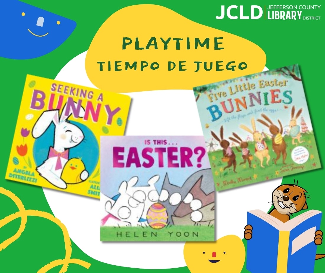 The image features three children's books about bunnies and Easter, promoting playtime at the Jefferson County Library.