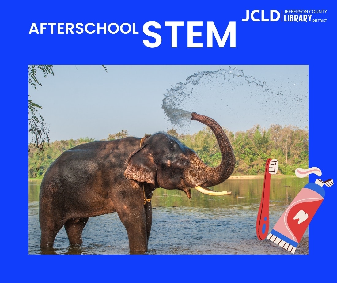 An elephant sprays water, surrounded by afterschool STEM text, with a toothbrush and toothpaste graphic.