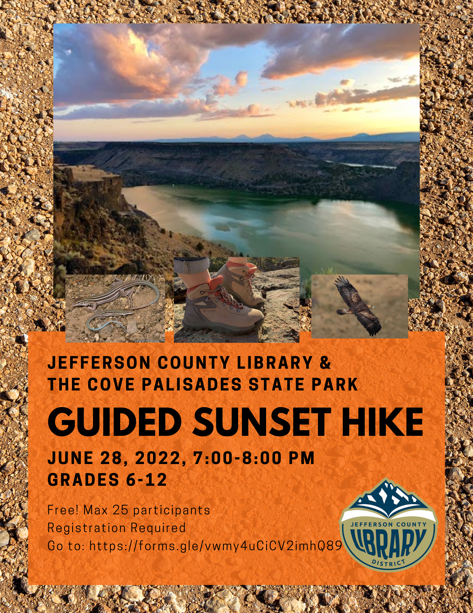 Poster for Teen Guided Hike June 28, 2022, 7-8pm at the Cove Palisades State Park