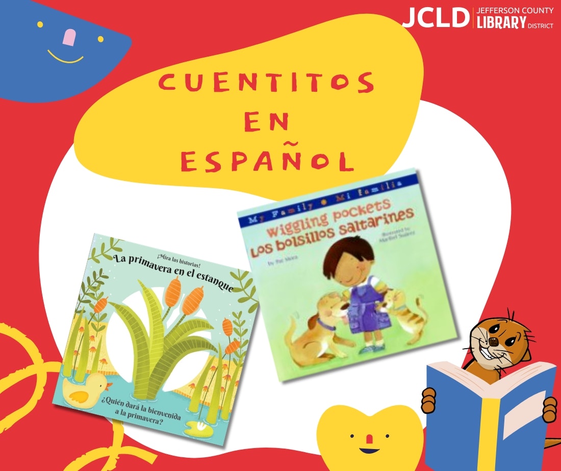 Image promotes "Cuentitos en Español" with two children's book covers: "La primavera en el estanque" and "Wigging Pockets" in Spanish.