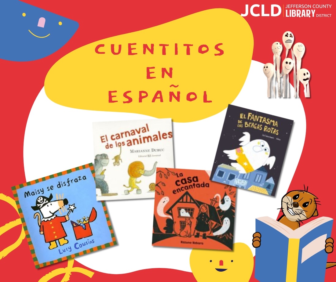 Spanish children's books display with colorful graphics and the text "Cuentitos en Español" at Jefferson County Library District.