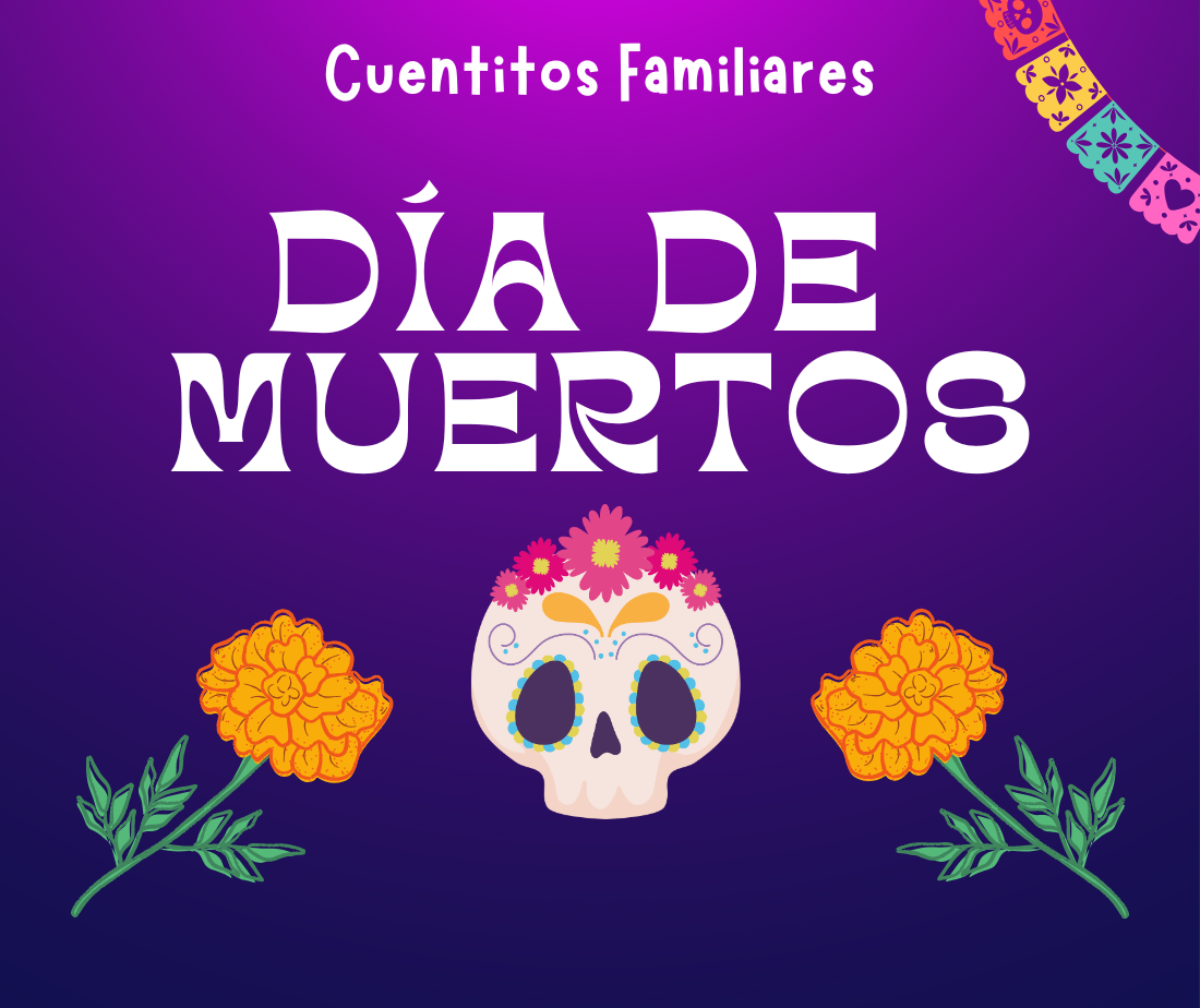 "Dia de Muertos" design with a decorated skull, marigolds, and colorful patterns on a purple background.