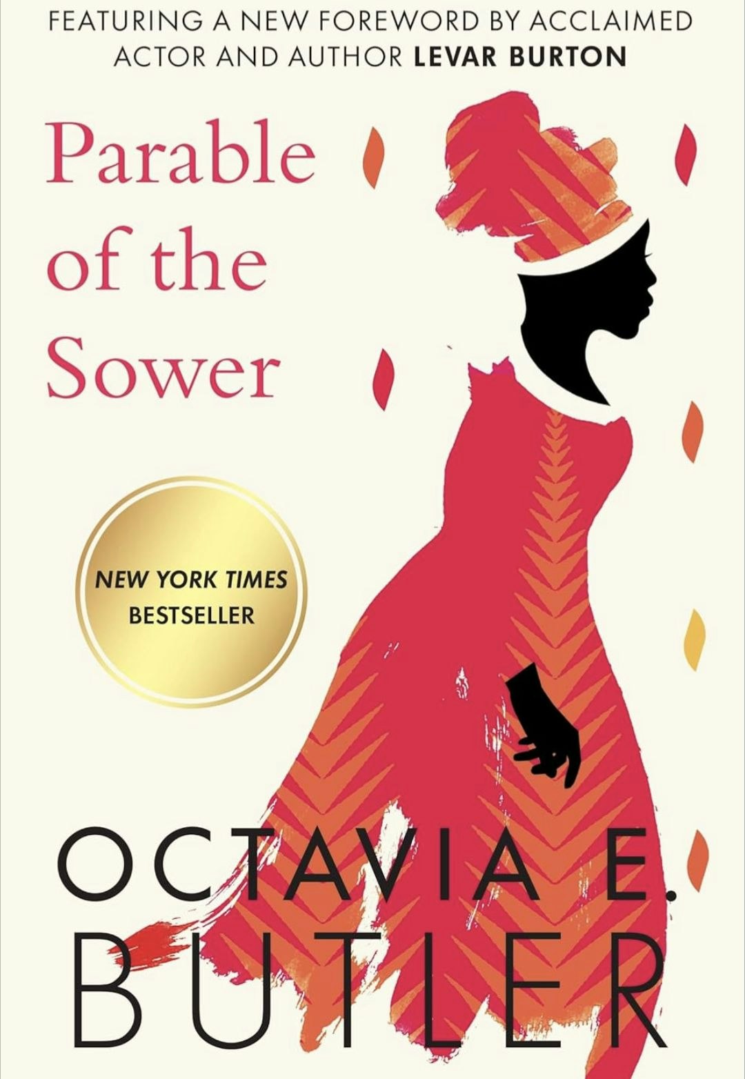 Book cover: "Parable of the Sower" by Octavia E. Butler, silhouette of a woman, New York Times Bestseller.
