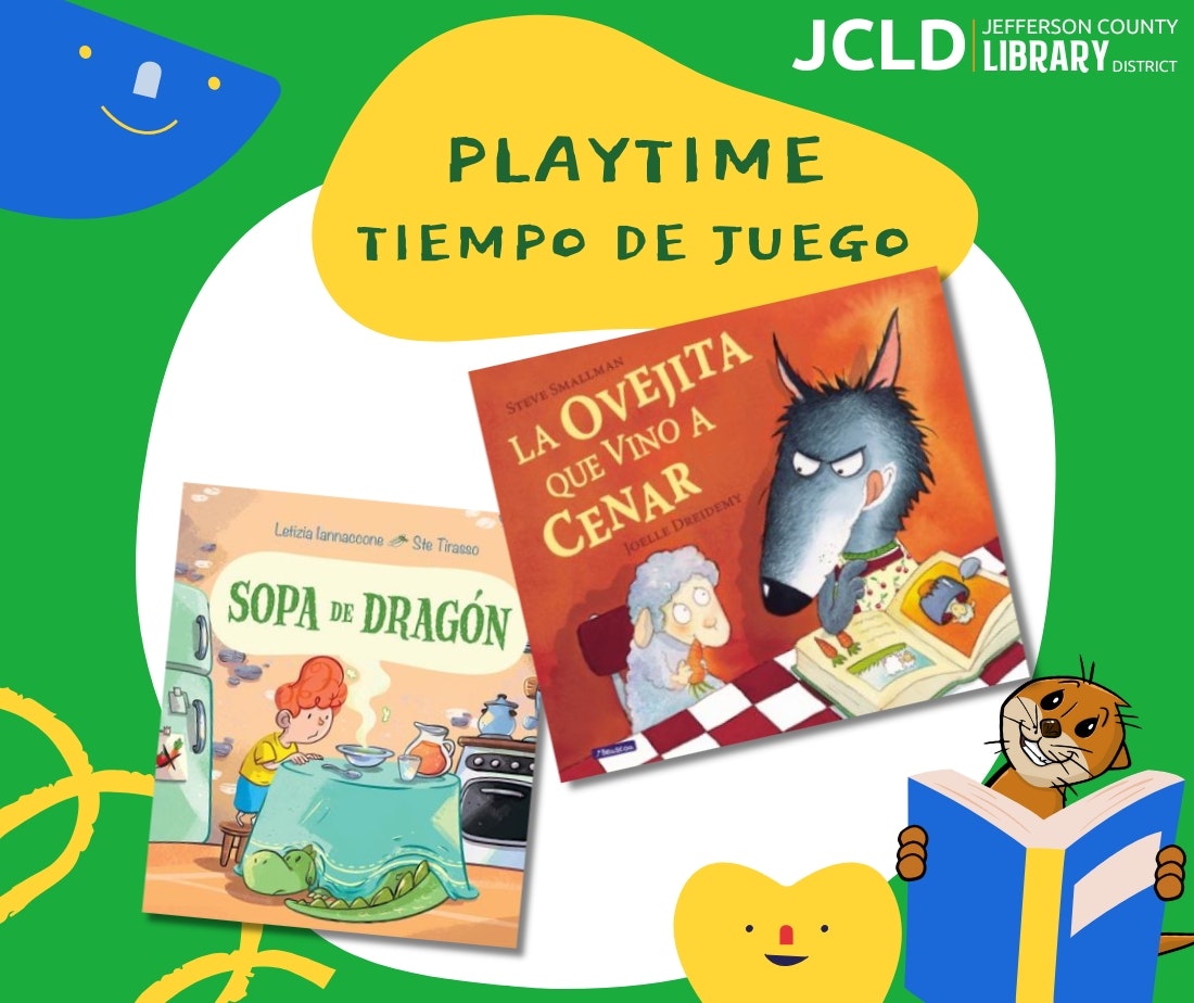 Image promotes library playtime with two children’s books: "Sopa de Dragón" and "La Ovejita que Vino a Cenar."