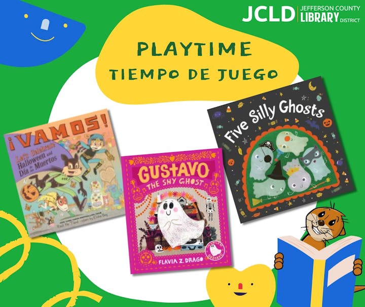 Three children's Halloween books, a playful design with colorful characters, and "Playtime/Tiempo de Juego" text from Jefferson County Library.