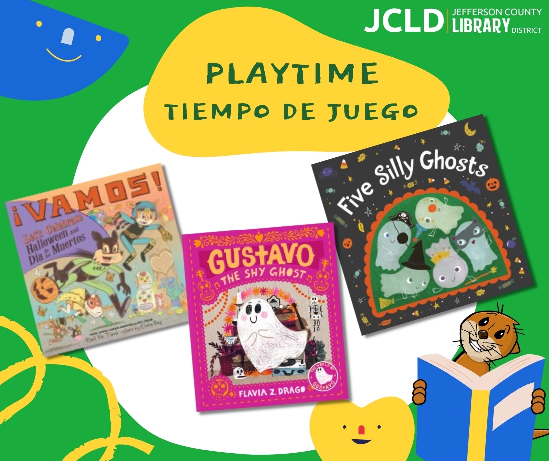 Three children's Halloween books, a playful design with colorful characters, and "Playtime/Tiempo de Juego" text from Jefferson County Library.