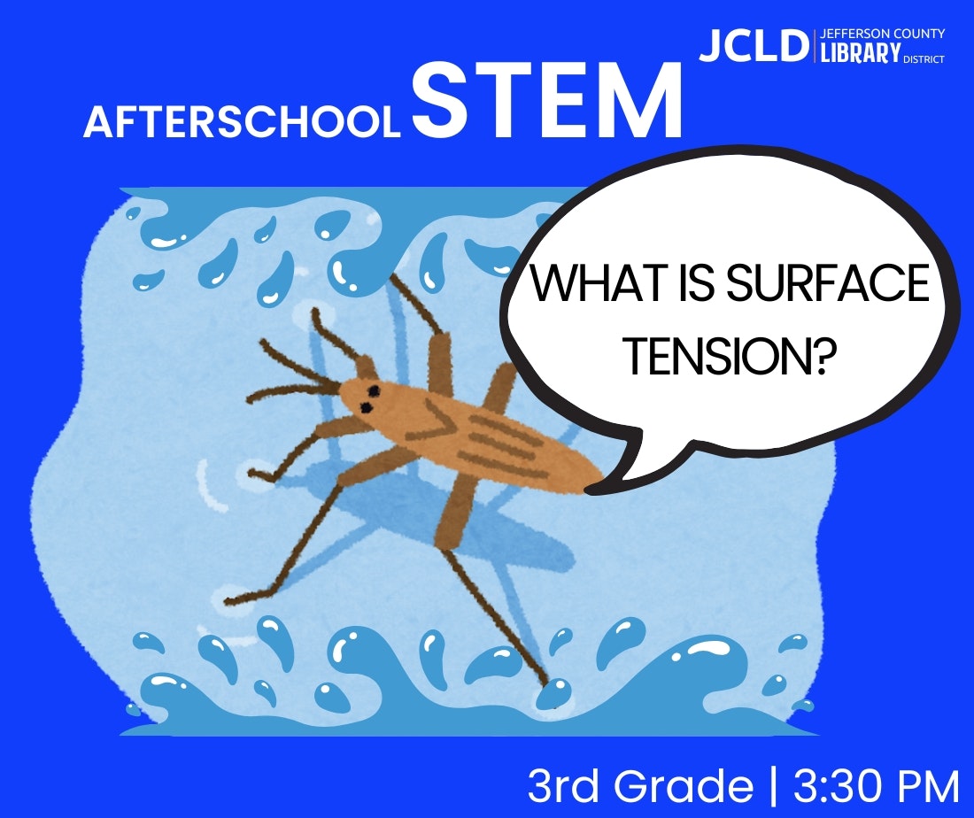 Afterschool STEM event for 3rd grade by JCLD, featuring a water strider asking, "What is surface tension?"