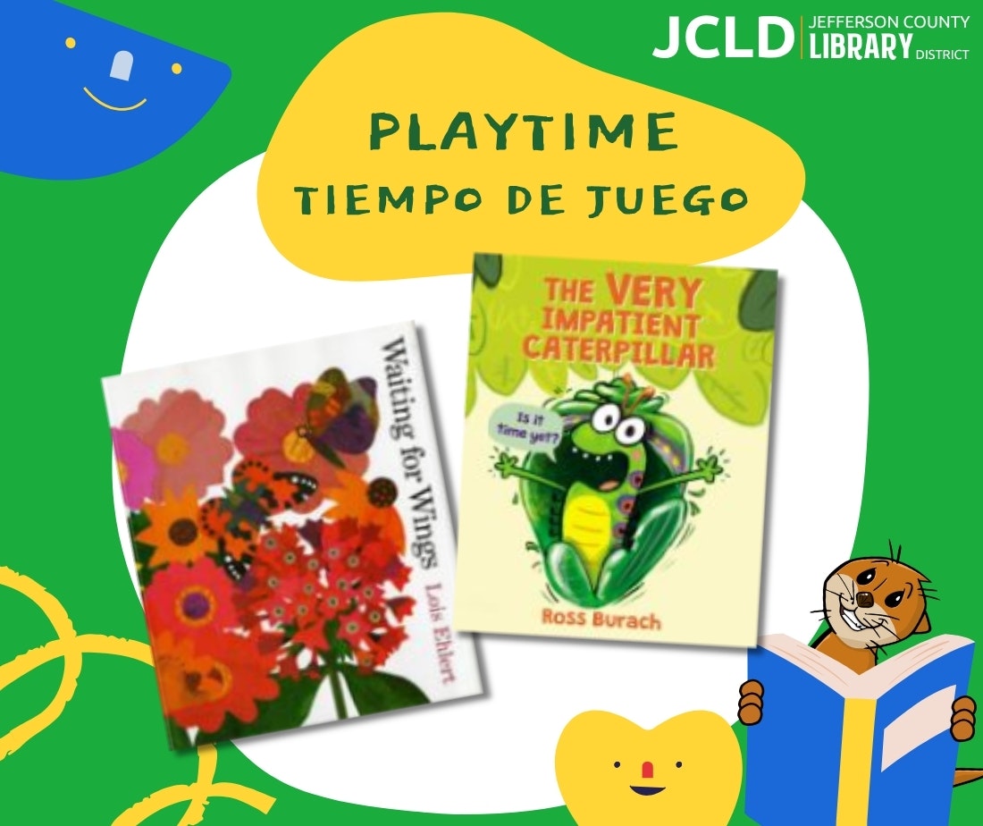 The image features two children's books: "Waiting for Wings" and "The Very Impatient Caterpillar," promoting playtime activities.