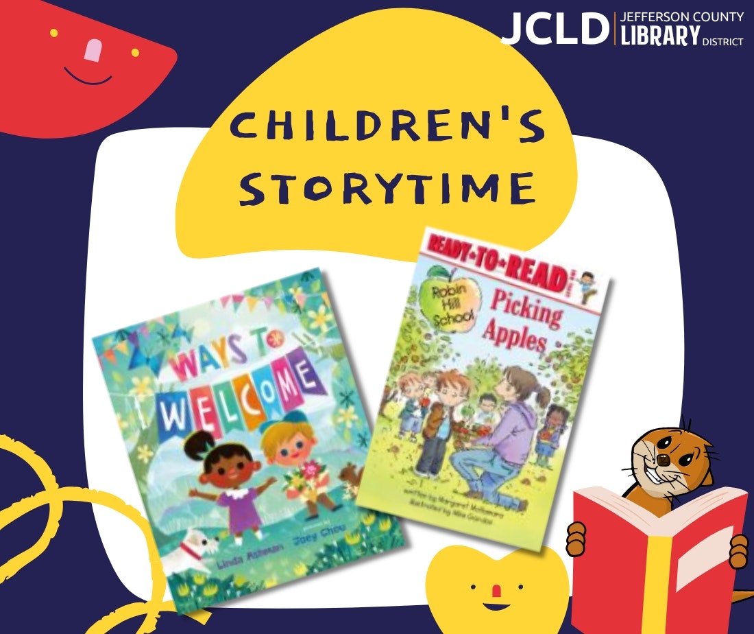 Children's Storytime event poster with two book covers: "Ways to Welcome" and "Picking Apples." Hosted by Jefferson County Library.