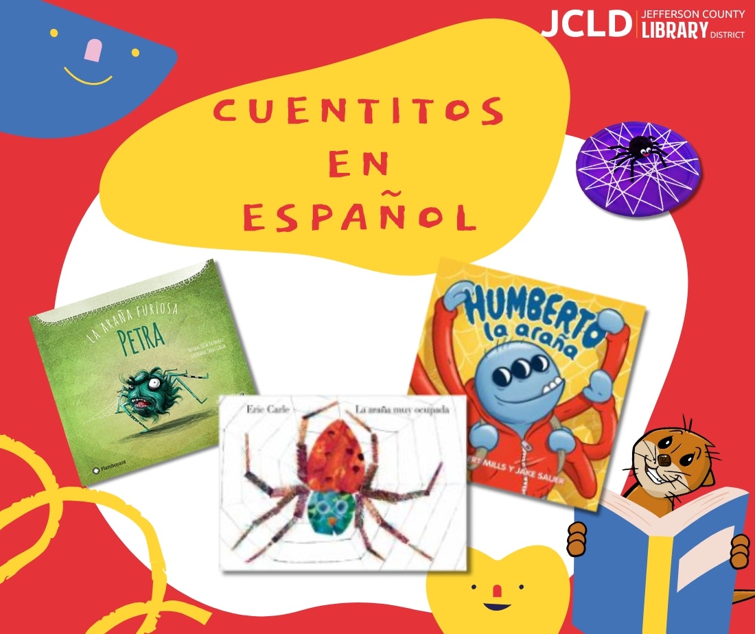 Books in Spanish about spiders, with cute illustrations and library branding.