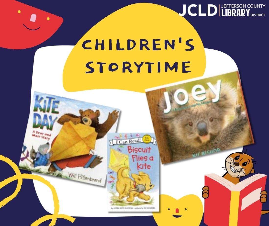 Children's storytime at Jefferson County Library features books: "Kite Day," "Biscuit Flies a Kite," and "Joey."