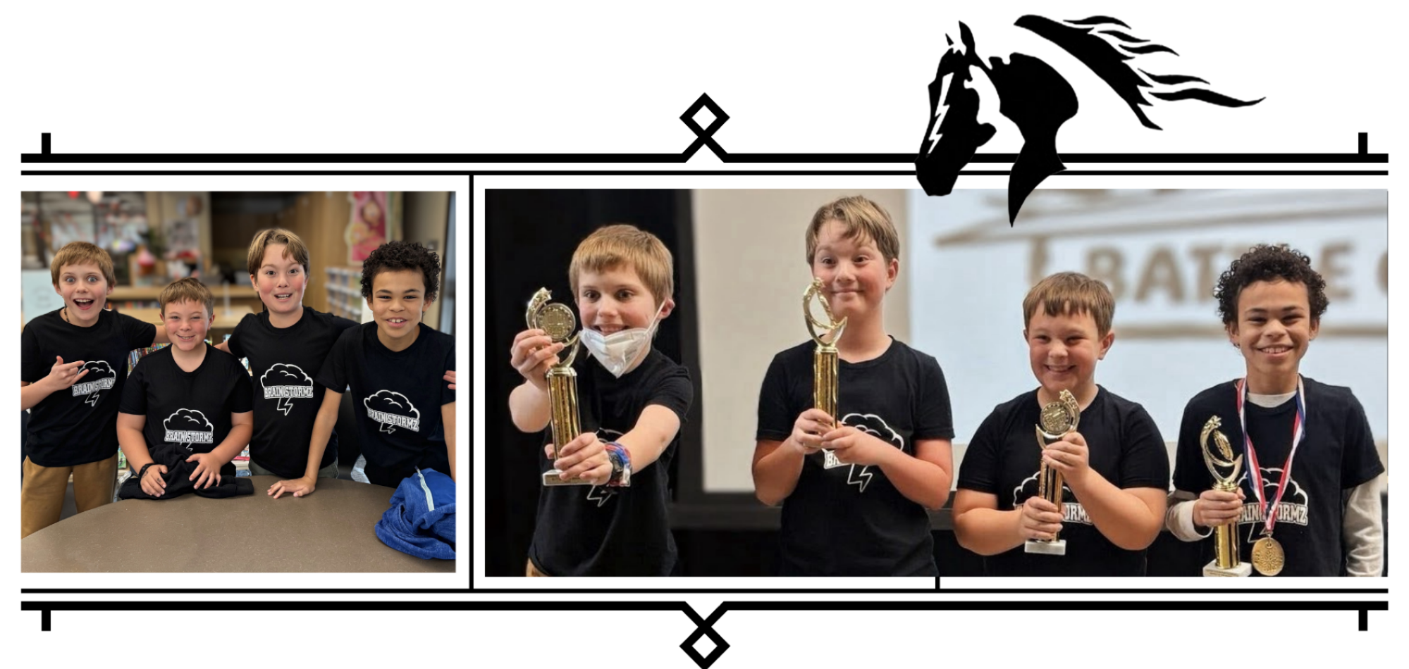A group of excited boys in matching shirts celebrates winning trophies at an event. They show off their awards proudly.