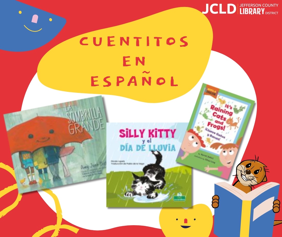 The image features children's books in Spanish, highlighting titles and artwork. It promotes reading at Jefferson County Library.