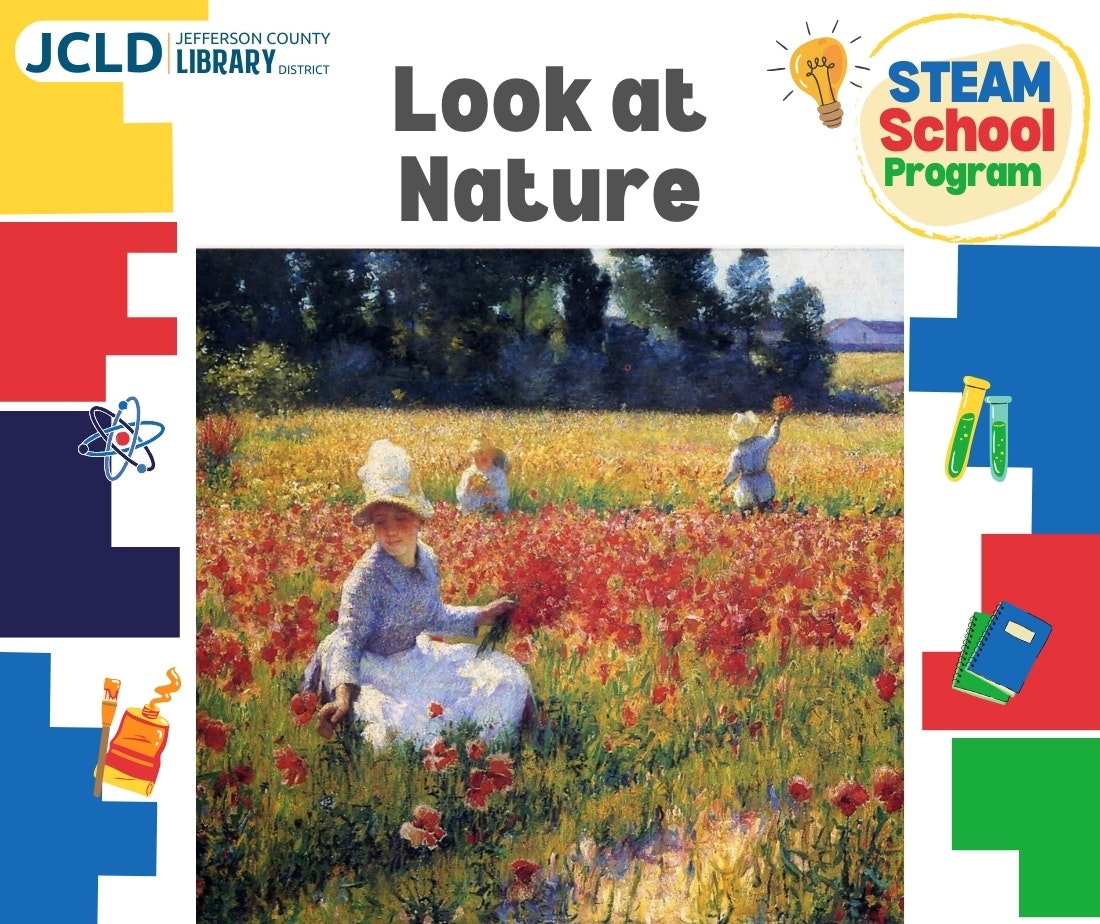 A nature-themed poster for the STEAM School Program with an impressionist painting of women in a flower field.