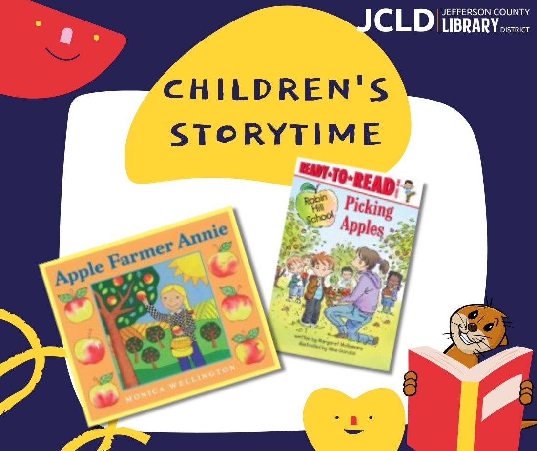 Children's Storytime poster with two books: "Apple Farmer Annie" and "Picking Apples." Features library logo and cute illustrations.