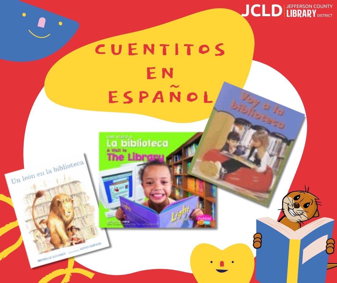 Teaching Spanish stories for children with library themes, featuring book covers and playful illustrations.