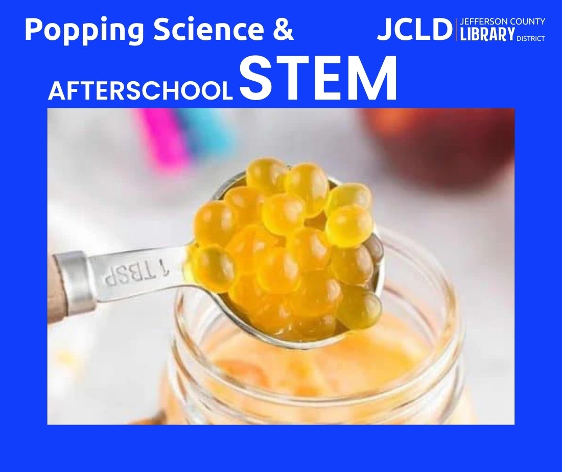 An image promoting a STEM program featuring colorful, spherical gel beads in a measuring spoon above a jar.