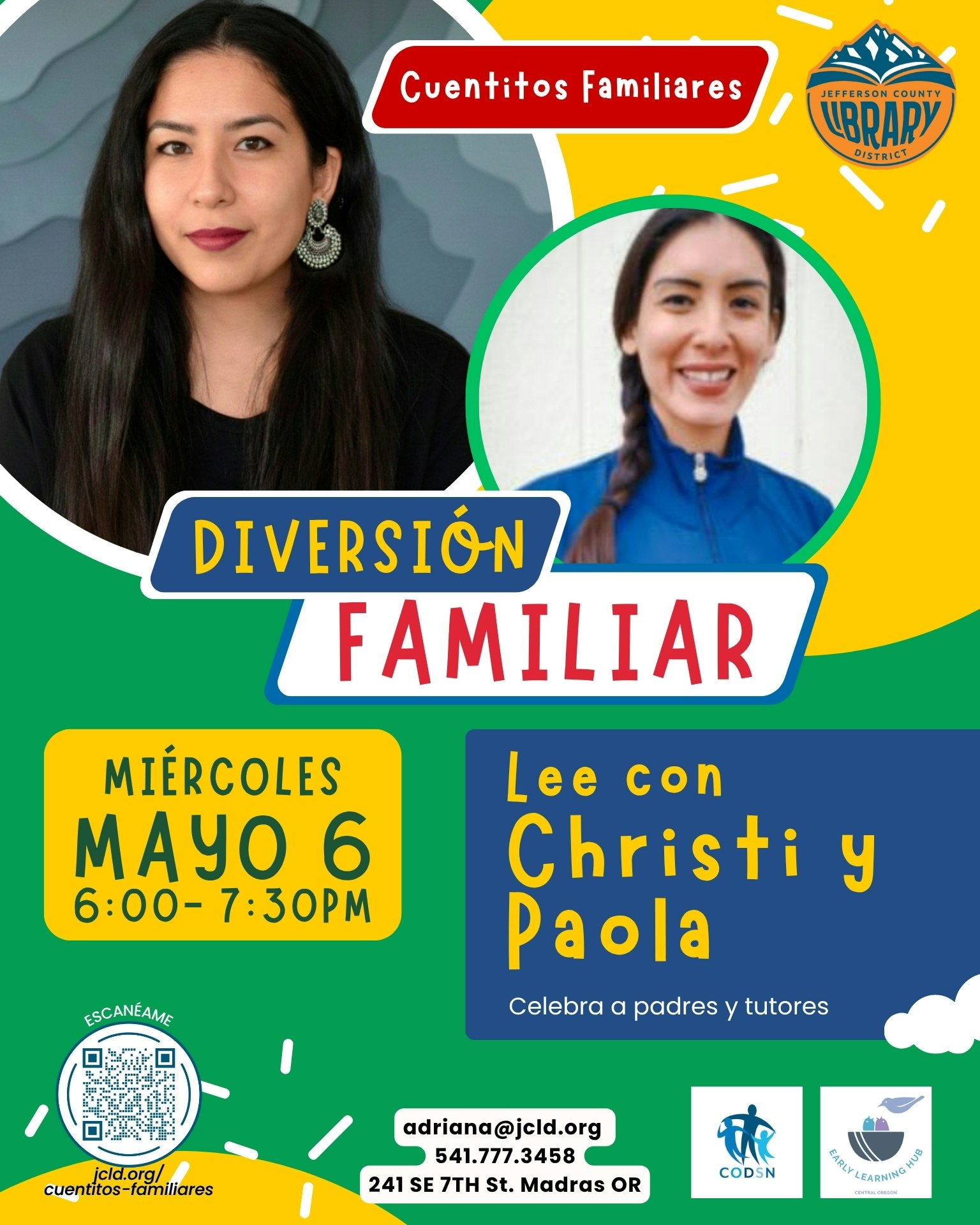 Family storytime event on May 6, 6-7:30 PM at Jefferson County Library. Join Christi and Paola for fun readings!