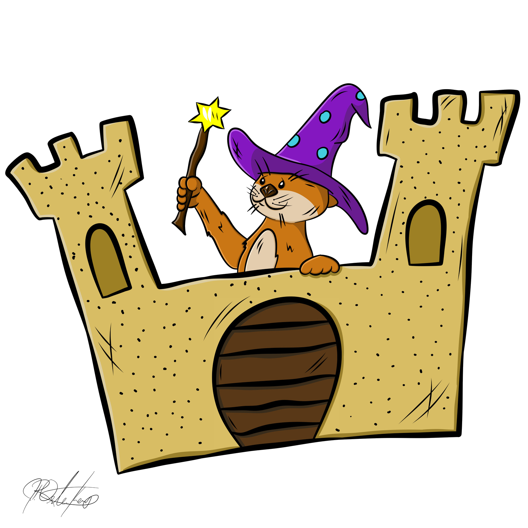 Ollie the Otter wearing a wizard hat in his sand castle