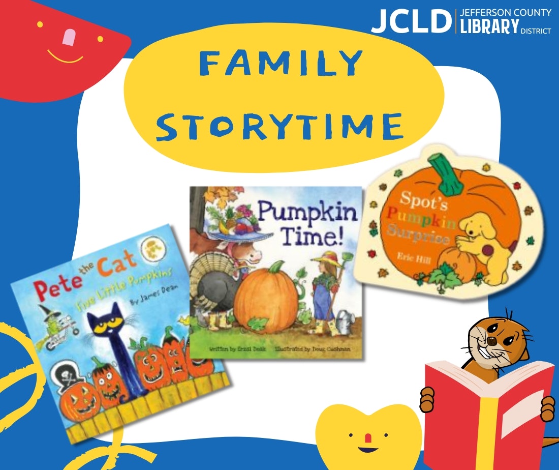 Family storytime event with pumpkin-themed children's books, hosted by Jefferson County Library District.